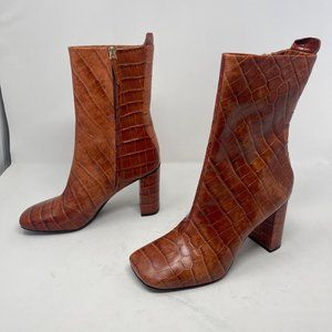 Franco Sarto Binnie Croc Brown Square Toed Heeled Boots Size 8.5